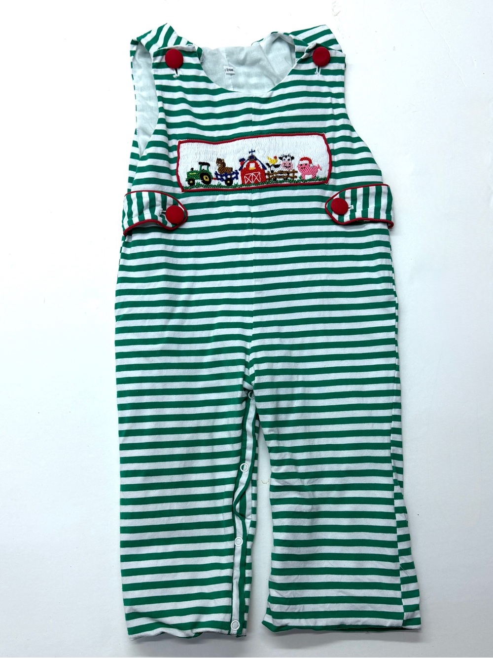 Smocked Boutique Green White Striped Barn Farm Animal Boys Overalls Longalls